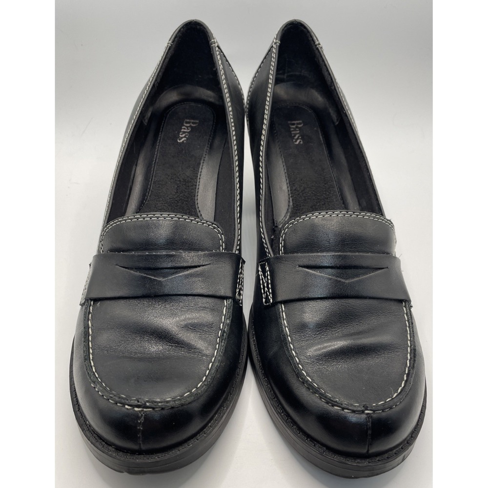 Bass Plaza Y2K Black Leather Penny Loafer Block Heel Pumps Contrast Stitch 9.5 M - Picture 2 of 8